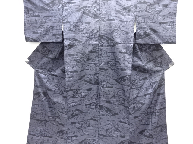 家屋に樹木模様織り出し十日町紬着物